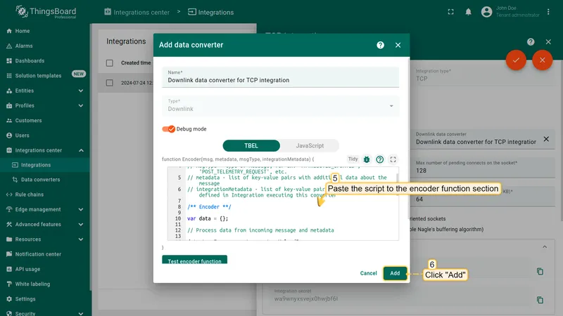 Add data converter dialog — Downlink type, name and encoder script