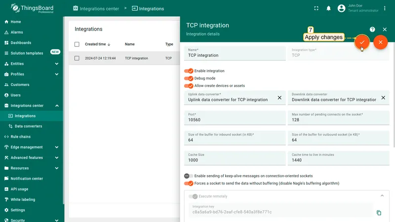Integration in edit mode with TCP Downlink Converter assigned — Apply changes button visible