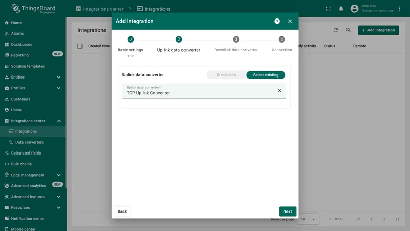 Add integration wizard — Uplink data converter: Select existing active, TCP Uplink Converter selected