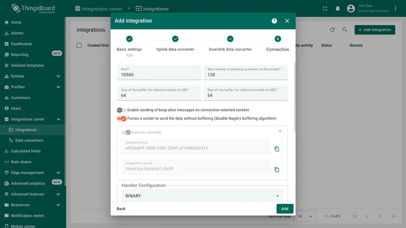 Add integration wizard — Connection: Port 10560, Max number of pending connects 128, buffer sizes 64 KB, Execute remotely section with Integration key and secret, Handler Configuration dropdown set to BINARY