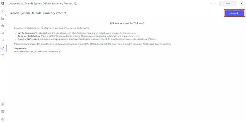 Run test button in the upper-right corner of the prompt editor