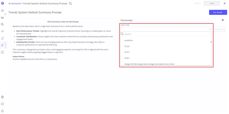 Test panel — Select View dropdown