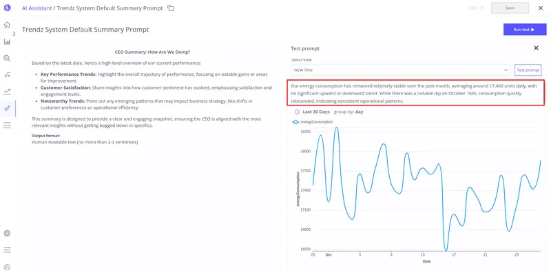 AI-generated summary result displayed in the test panel