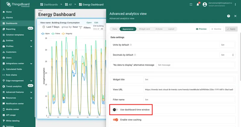 Appearance tab — Use dashboard time window toggle highlighted
