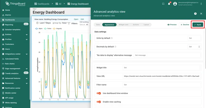 Appearance tab — Use dashboard time window enabled, Apply button highlighted