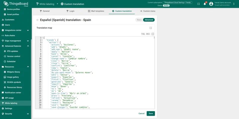 Custom translation JSON editor in the Trendz White Labeling settings