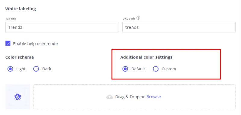 Additional color settings in Trendz white labeling