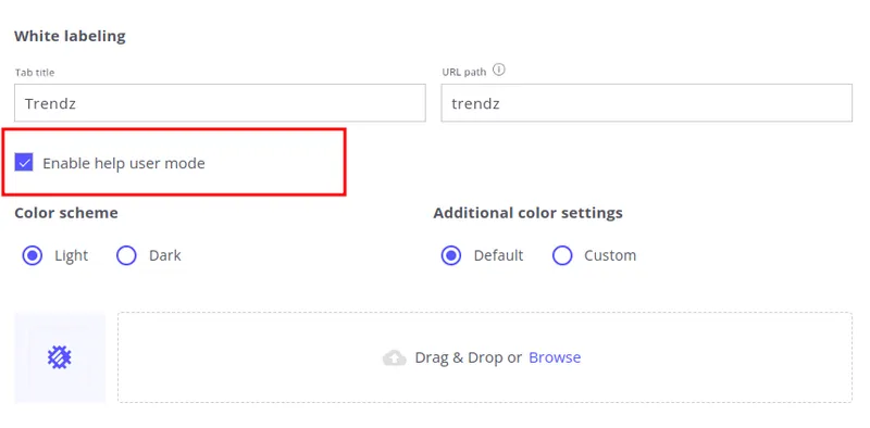 Help user mode checkbox in Trendz white labeling