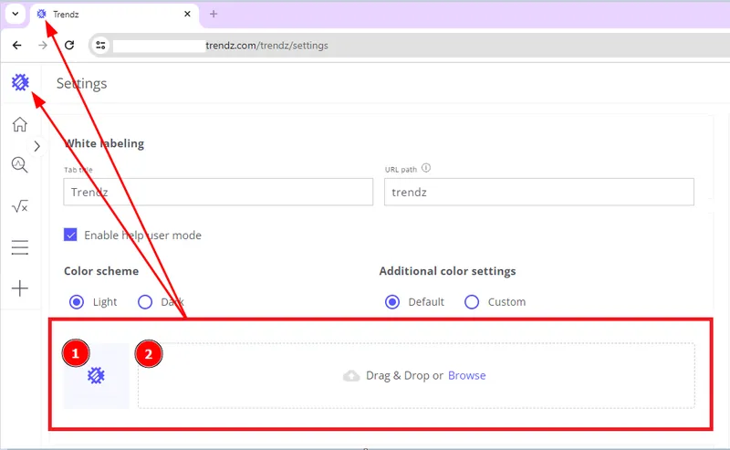 Logo and favicon upload controls in Trendz white labeling