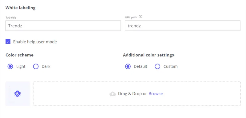 White labeling section in Trendz Settings