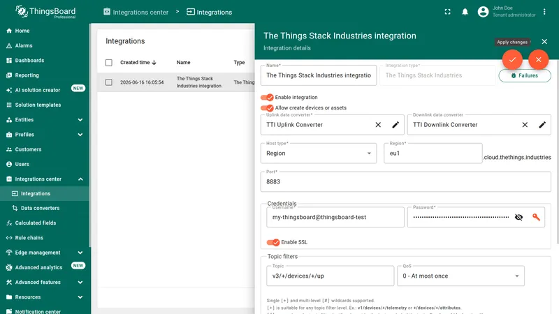 The Things Stack Industries integration with a configured TTI Downlink Converter and the Apply changes button available