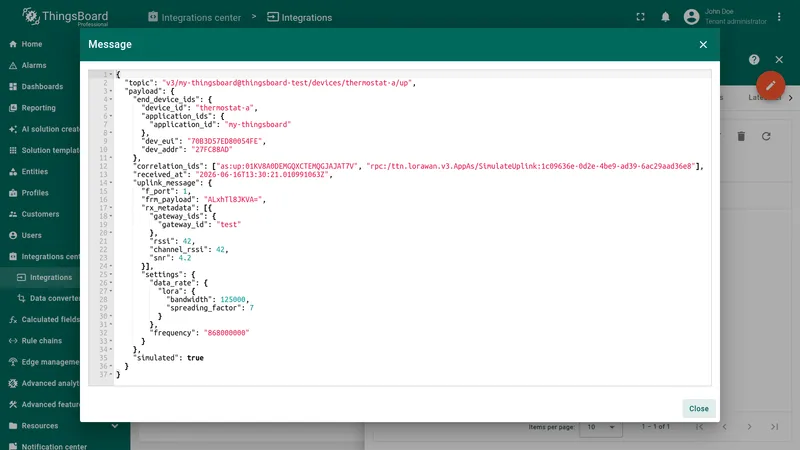 Integration event details showing the raw uplink message received from The Things Stack Industries