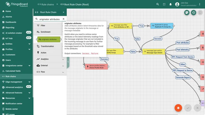 Searching for originator attributes node in the Root Rule Chain node panel