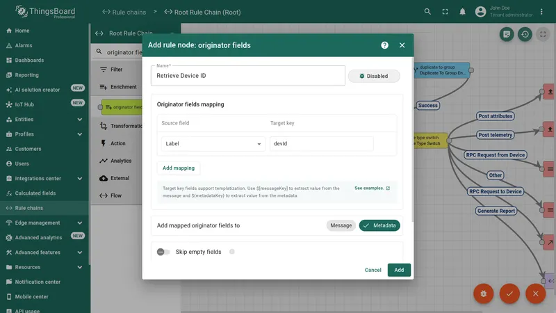 Configuring the originator fields rule node with name Retrieve Device ID, Label to devId mapping, and Metadata selected