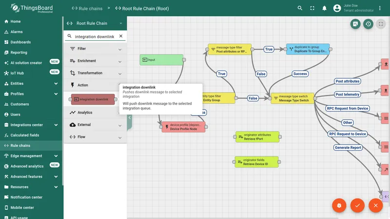 Searching for integration downlink node in the Root Rule Chain node panel