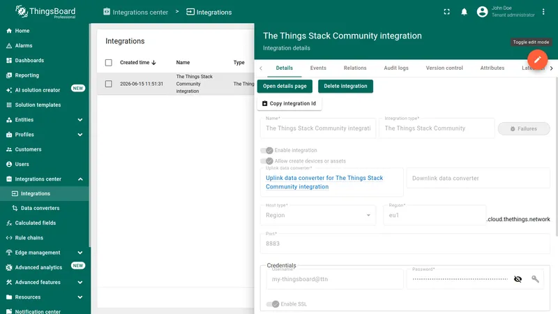 The Things Stack Community integration details page with an empty Downlink data converter field