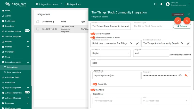 The Things Stack Community integration with a configured Downlink data converter and the Apply changes button available