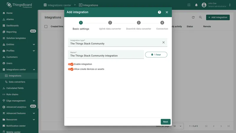Add integration wizard with The Things Stack Community selected as the integration type