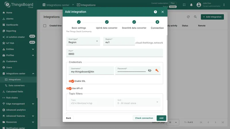 Add integration wizard — Connection settings with region, credentials, SSL, API v3, and topic filter configured