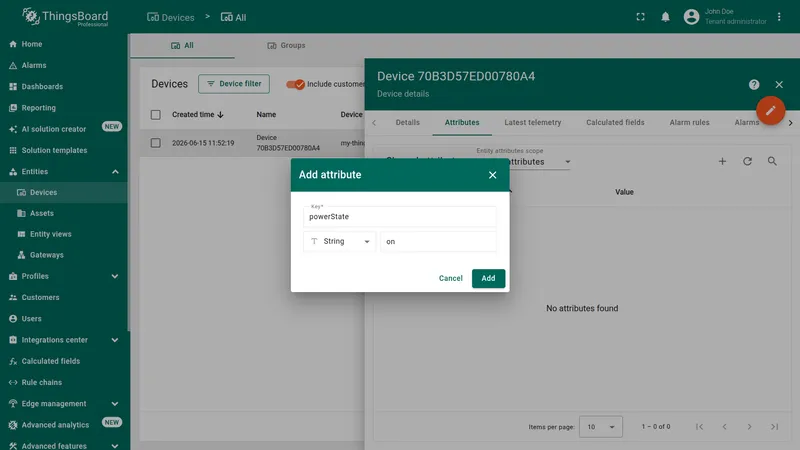 ThingsBoard device Shared attributes dialog with powerState attribute set to on
