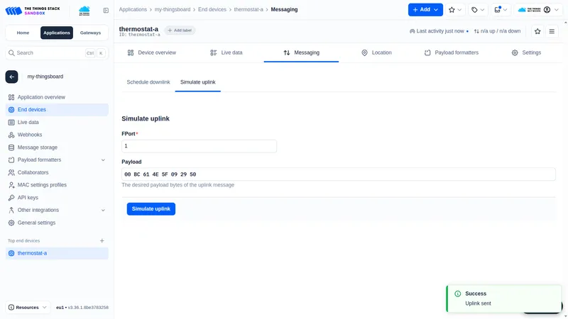 The Things Stack device Messaging tab with the Simulate uplink form filled in