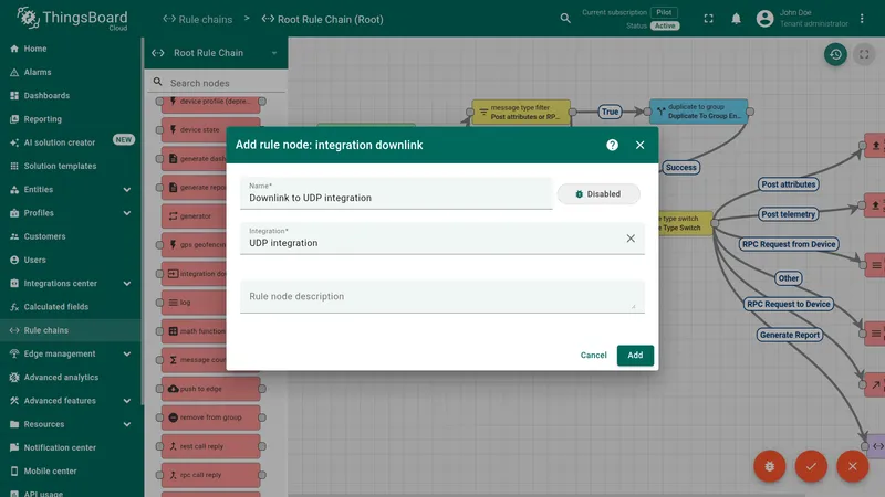 Add rule node dialog configured for a UDP integration downlink