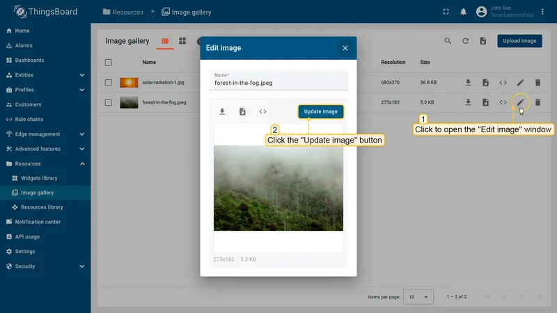 Edit image dialog in the ThingsBoard Image gallery with Update image button highlighted