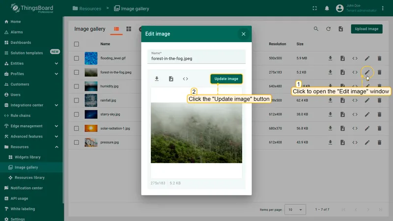 Edit image dialog in the ThingsBoard Image gallery with Update image button highlighted