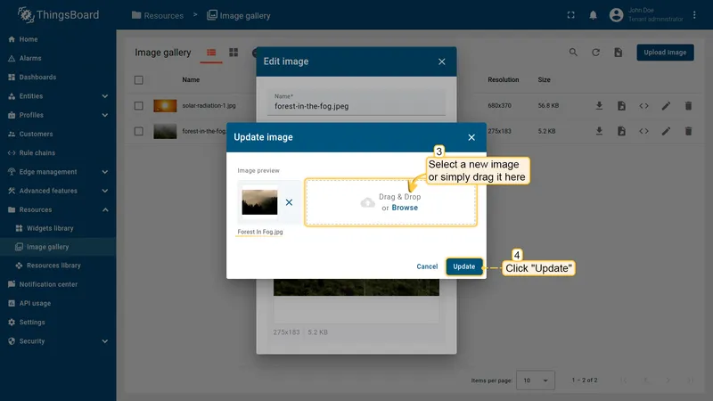Update image dialog prompting the user to upload a new image file