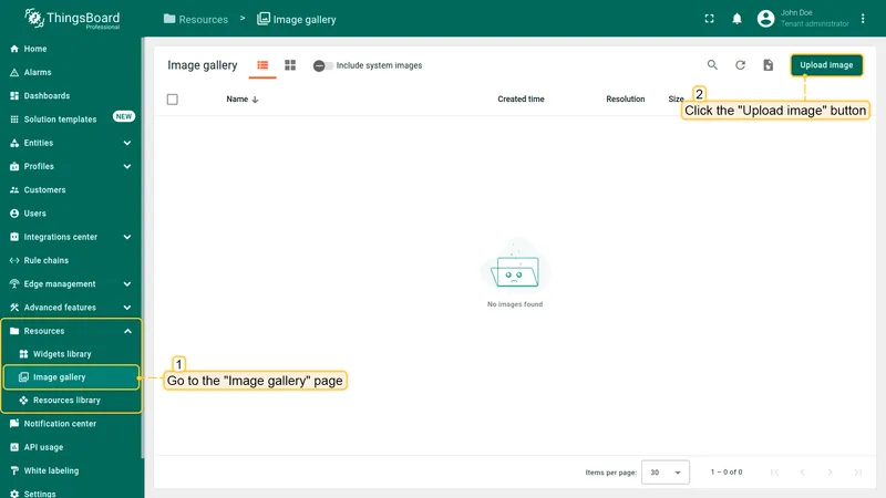 Image gallery page with Upload image button highlighted