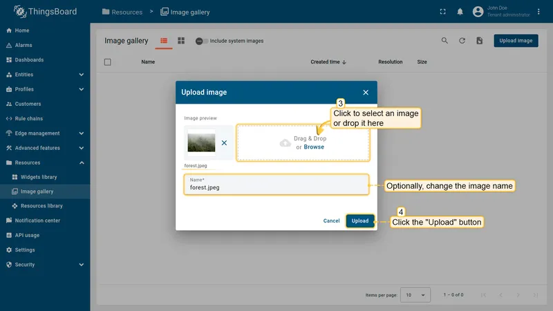 Upload image dialog with drag-and-drop area and image name field