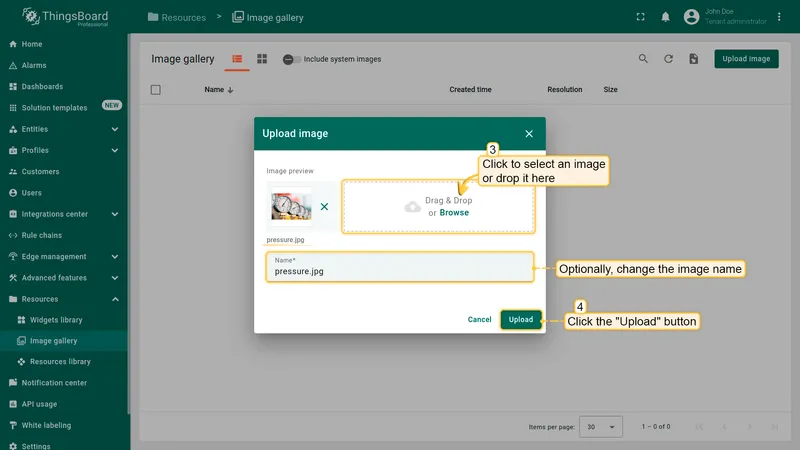 Upload image dialog with drag-and-drop area and image name field