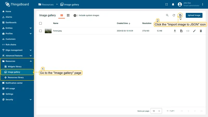Image gallery page with Import image from JSON button highlighted