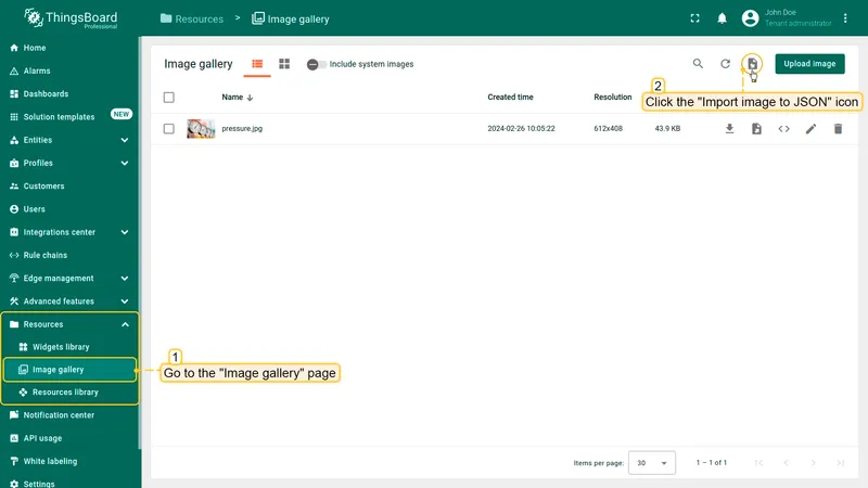 Image gallery page with Import image from JSON button highlighted