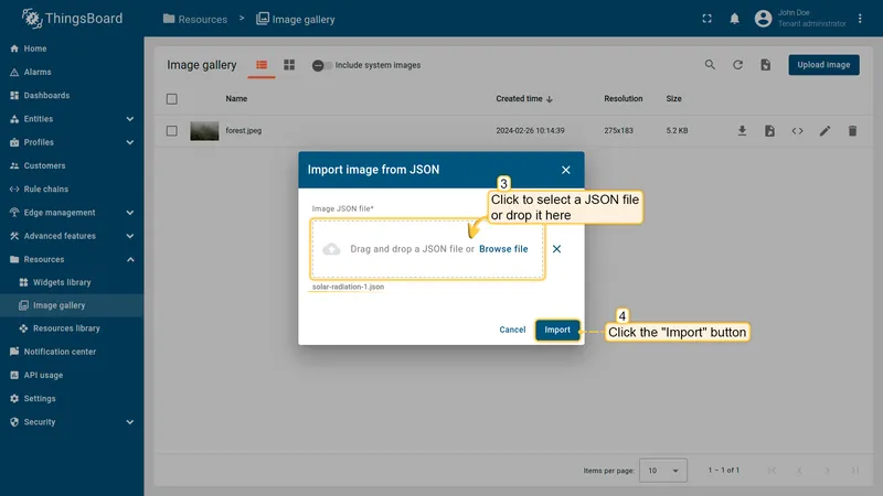 Import image from JSON dialog with drag-and-drop area for JSON file upload