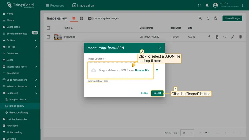 Import image from JSON dialog with drag-and-drop area for JSON file upload
