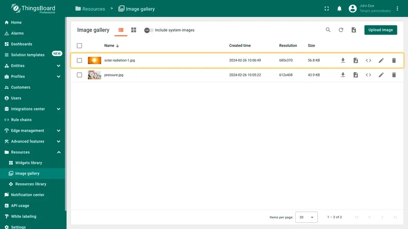 Imported image displayed in the image gallery list