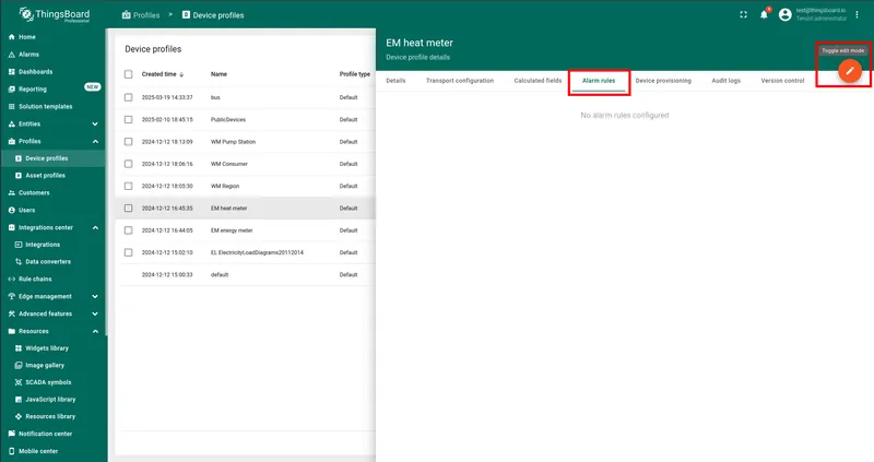 Navigate to Alarm Rules and enable Edit mode