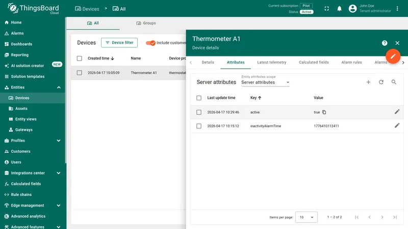 Thermometer A1 server attributes showing active and inactivityAlarmTime