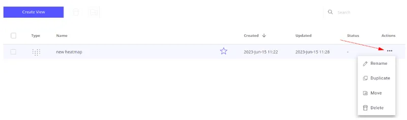 Three-dot menu on a view row showing rename, move, copy, and delete options