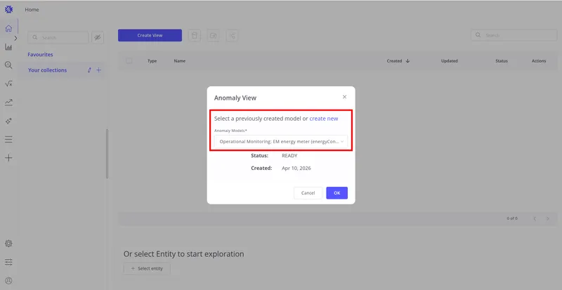 Anomaly View dialog with the Anomaly Models selector highlighted and a model selected