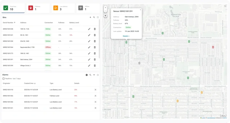 Smart waste management dashboard with bin status, battery levels, and interactive map