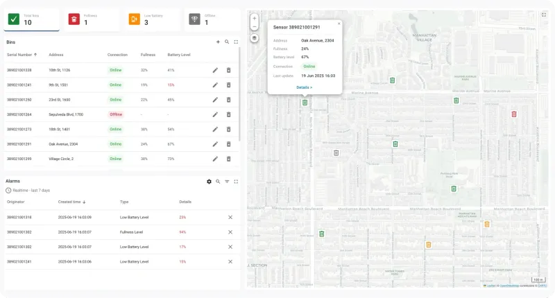 Smart waste management dashboard with bin status, battery levels, and interactive map