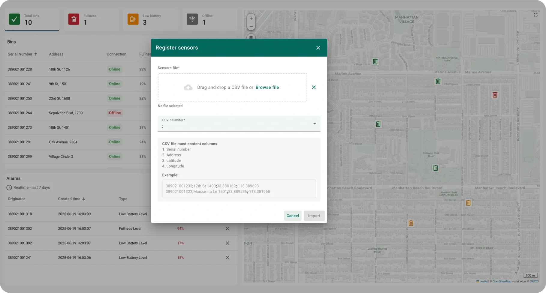 Sensor registration dialog for uploading CSV file with bin data in ThingsBoard