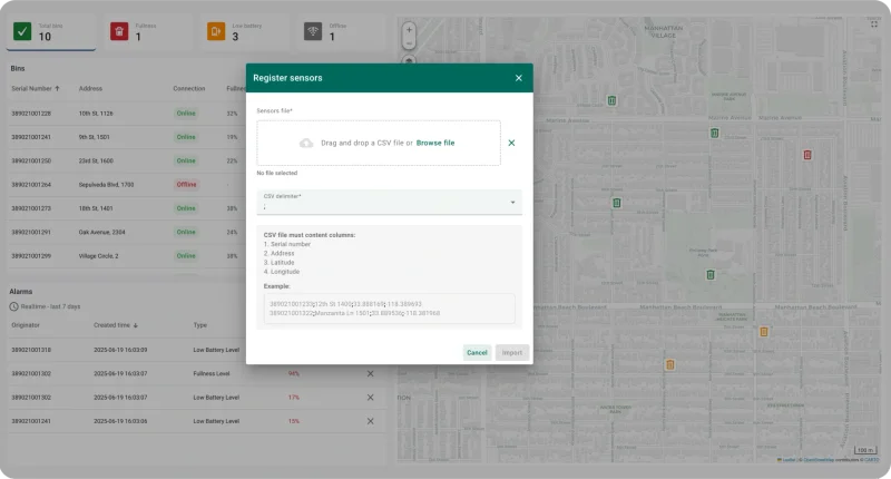 Sensor registration dialog for uploading CSV file with bin data