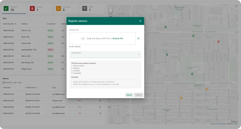 Sensor registration dialog for uploading CSV file with bin data