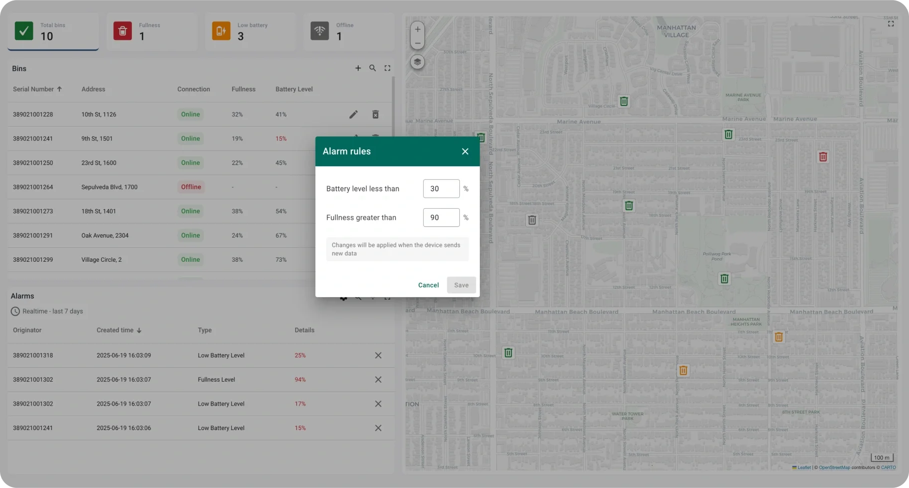 Alarm rule configuration for bin fullness and battery level in ThingsBoard