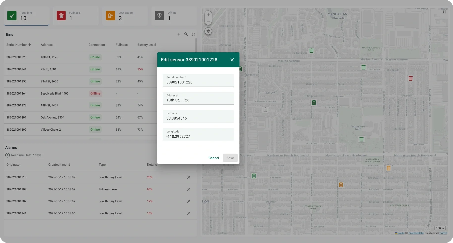 Edit bin sensor data including location and address in ThingsBoard