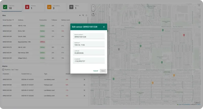 Edit bin sensor data including location and address