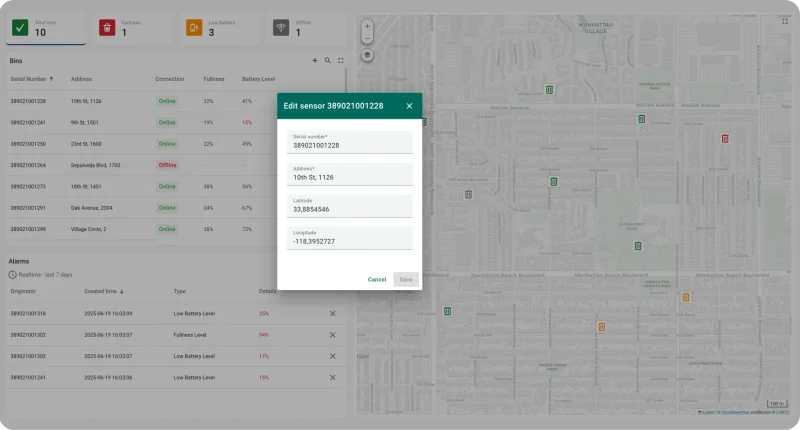 Edit bin sensor data including location and address